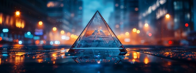 A glass pyramid with a reflection of a blurred sunset city lights in it on a reflective surface with a blurry background. - obrazy, fototapety, plakaty