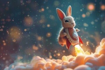 Prepare for an egg-citing adventure as our bunny astronaut launches into the cosmos in a rocket of joy! - obrazy, fototapety, plakaty