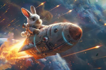 Witness the wonder of Easter as our bunny astronaut rockets through the stars in a cosmic egg-shaped vessel! - obrazy, fototapety, plakaty