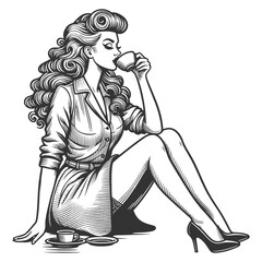 woman with cup of coffee sketch engraving generative ai fictional character vector illustration. Scratch board imitation. Black and white image. - obrazy, fototapety, plakaty