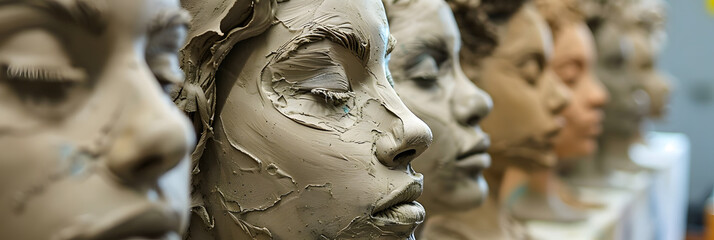 a group of clay sculptures of a woman's face