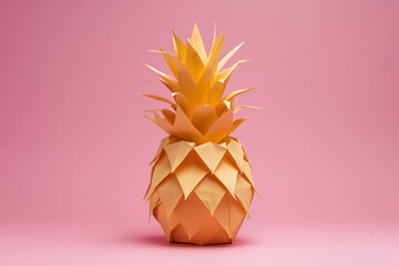Origami pineapple on pink background with pineapple and origami text colorful tropical fruit concept