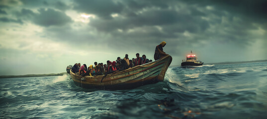 Old wooden single motor boat vessel overloaded with African refugees people chasing by Coast Guard boat in open sea near Africa. SOS, war refugees and social and mental poverty issues concept image.