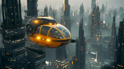 Yellow air taxi flies over skyscrapers, futuristic landscape