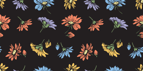 Floral, seamless pattern,camomiles, hand drawn,textured, flowers,flower head,silhouette, daisy, leaves,yellow, blue,orange,lilac, vector, black background, fabric,textile - 793119561