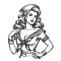 glamorous pin-up girl in a sailor hat exuding charm and a playful nautical theme sketch engraving generative ai fictional character vector illustration. Scratch board imitation. Black and white image. - obrazy, fototapety, plakaty