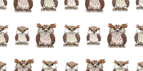 Owl birds,cartoon characters,seamless pattern, feathers,background,wallpaper,paper vector