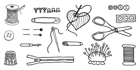 Sewing tools, handcraft; fashion, hobby, professionthread;buttons, pins, thimble, ripper, safety pin, zipper,scissors, thread reel, needle,set,doodle,set, vector hand drawn illustration, isolated