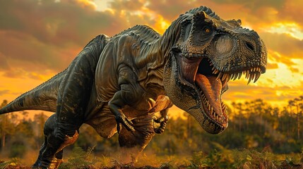 Massive Tyrannosaurus Rex Stalking Through Prehistoric Grassland Landscape with Cinematic Realism