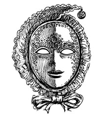 Vintage venetian carnival female mask, masquerade,face,black and white sketch,vector hand drawing isolated on white - 793119901