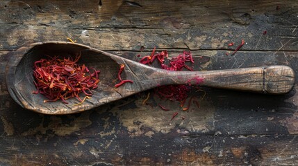 saffron, old Wooden spoon, food photography, copy and text space, 16:9