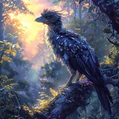 Fototapeta premium Mysterious Archaeopteryx Perched in Enchanted Forest with Delicate Plumage and Blended Avian Reptilian Features