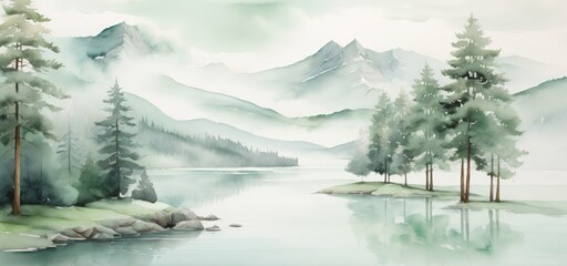 Panoramic scenery of misty watercolor landscape with lake, pine trees, and mountains
