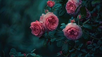 A vertical photo of delicate fresh pink roses adorning a green branch looms brightly with youthful charm