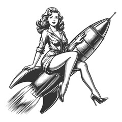 retro pin-up girl with wavy hair, confidently riding a classic rocket sketch engraving generative ai fictional character vector illustration. Scratch board imitation. Black and white image. - obrazy, fototapety, plakaty