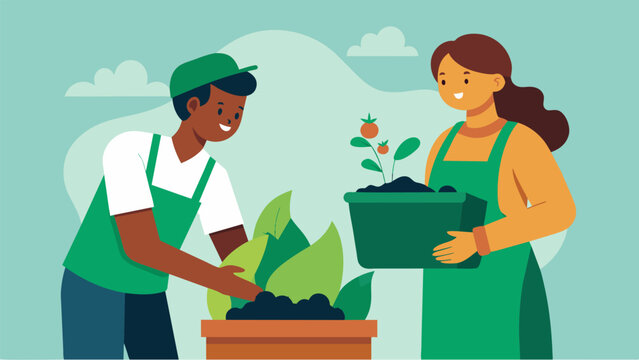 A patient mentor guides a beginner gardener through the process of starting their first compost bin emphasizing the importance of sustainability