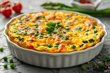 Frittata with tomatoes and green peas on a wooden table. Delicious and healthy breakfast, lunch or dinner