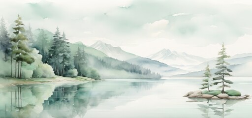Panoramic scenery of misty watercolor landscape with lake, pine trees, and mountains