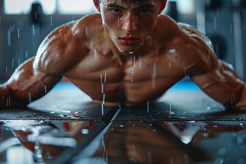 A close-up of a gym boy's ripped abs, glistening with sweat as he performs a set of crunches on a mat. - Powered by Adobe