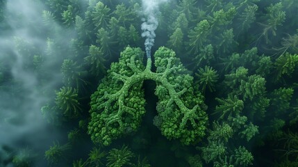 Top view of shape of lungs in middle of forest. Concept of nature protection, lungs of planet