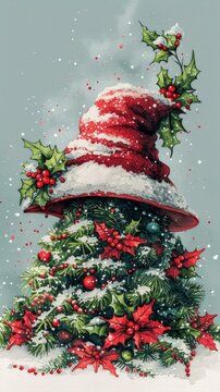 b'Whimsical Christmas Tree Illustration with Santa Hat'