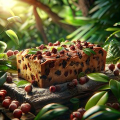 b'Close-up of a delicious fruitcake on a wooden table in the forest'