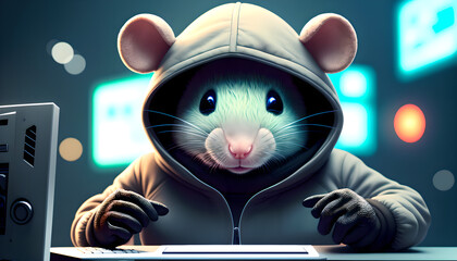 Rat hacker wear hood is stealing data.