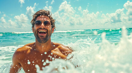 A man wearing sunglasses is in the ocean, smiling and laughing as a wave hits him - obrazy, fototapety, plakaty