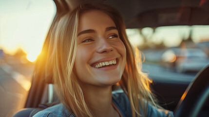 Portrait of young cheerful woman enjoying driving a new car. Woman driving a car. Lifestyle concept