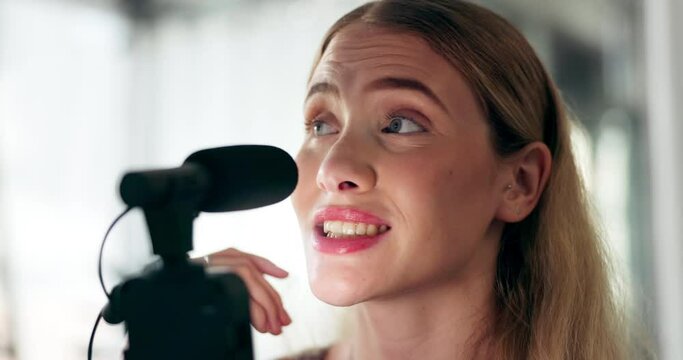 Woman, microphone and podcast with phone, home and live stream for audience with content creation on web. Girl, presenter and influencer with smile for vlog, discussion and ideas on social network