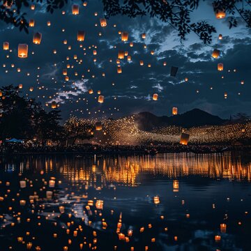 lanterns floating lanterns in the sky over water
