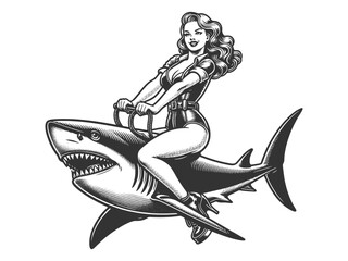 pin-up girl riding shark unique blend of vintage charm and adventurous spirit sketch engraving generative ai fictional character vector illustration. Scratch board imitation. Black and white image. - obrazy, fototapety, plakaty