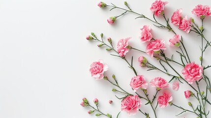 Gorgeous pink carnation flowers arranged in a flat lay style grace the right side of the banner against a pristine white backdrop leaving ample space on the left for your personalized messa