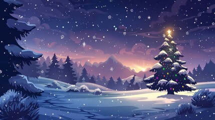 Fototapeta na wymiar Snowy Christmas Landscape with Decorated Tree