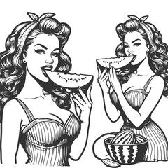 pin-up girl with slice of watermelon, embodying summer fun and nostalgia sketch engraving generative ai fictional character vector illustration. Scratch board imitation. Black and white image. - obrazy, fototapety, plakaty