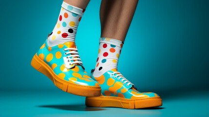 b'A person wearing colorful polka dot socks and bright yellow shoes'