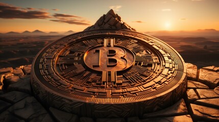 b'A golden Bitcoin on the rock with sunset in the background' - obrazy, fototapety, plakaty