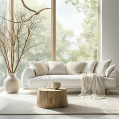 b'Bright airy living room interior with large windows and white comfortable sofa'