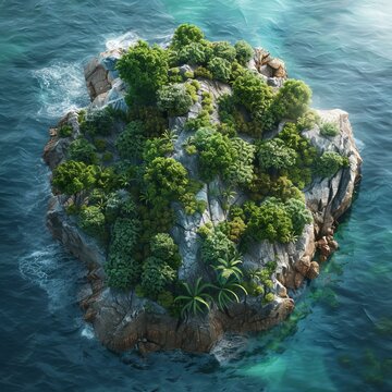 b'Small rocky island with green vegetation in the middle of the ocean'