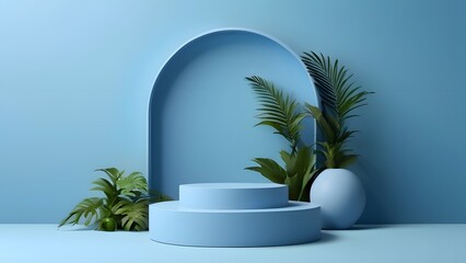 3D Rendered Podium for Product Display, Geometric Minimal Podium, Blue Theme Vibrant Colors, Plants (1)