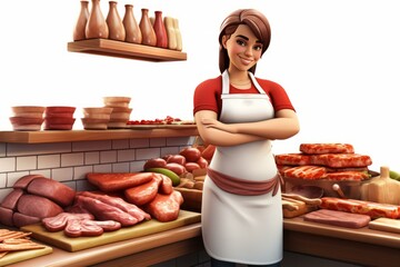 b'A female butcher standing in a butcher shop'