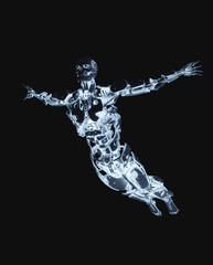 mega cyborg is jumping up like a super hero in white background - 793123344
