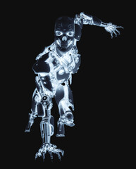 mega cyborg is on the flor like a super hero in white background