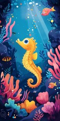 Illustration of a yellow seahorse swimming in a coral reef