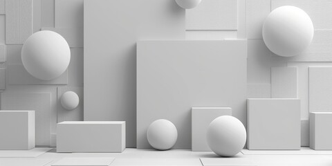 3D rendering of a white room with white geometric shapes