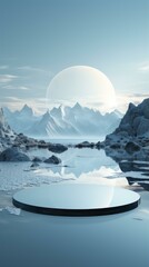 b'Futuristic landscape with a large moon and a body of water in the foreground'