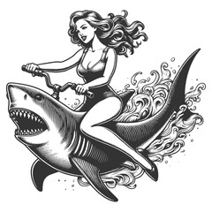 pin-up girl riding shark unique blend of vintage charm and adventurous spirit sketch engraving generative ai fictional character vector illustration. Scratch board imitation. Black and white image. - obrazy, fototapety, plakaty