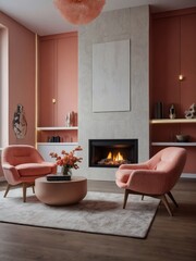 Stylish living area with a contemporary fireplace, comfortable armchair, and walls adorned in a soft coral color.