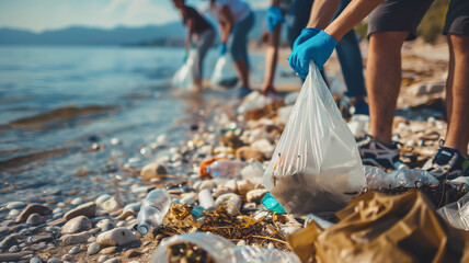 Activist people collect plastic trash on the beach. Men and women clean the beach with bags. Concept of environmental protection and ocean pollution problems - obrazy, fototapety, plakaty