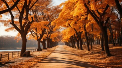 b'Fall Scenery of Trees by Lake with Path'